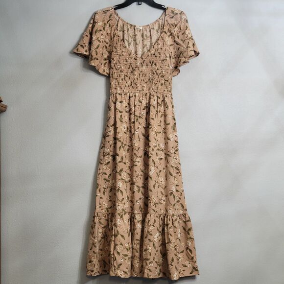 AUGUST SKY Dresses & Skirts - AUGUST SKY Womens Beige Floral Smocked Flutter Sleeve Midi Dress Cottagecore SM